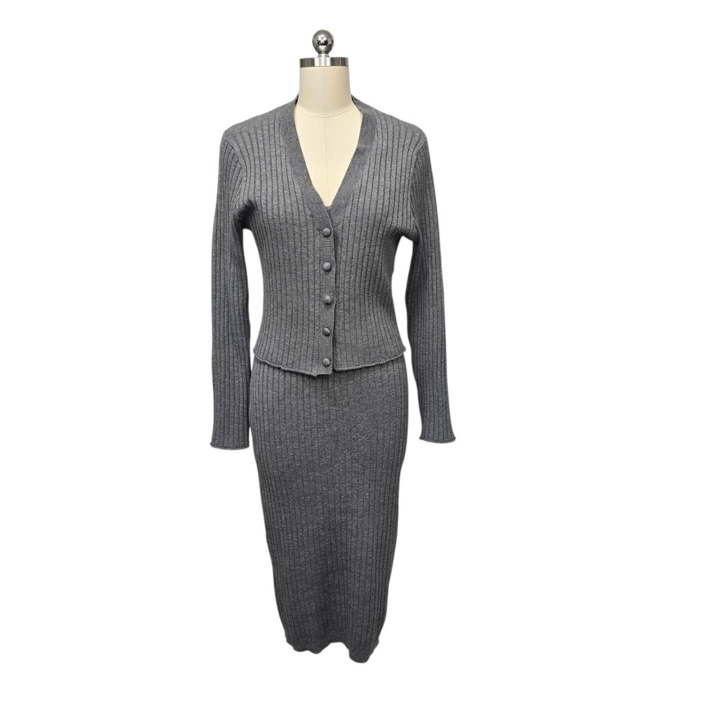7 For All Mankind Womens Gray Ribbed Knit Midi Dress Cardigan 2 Piece Set Medium